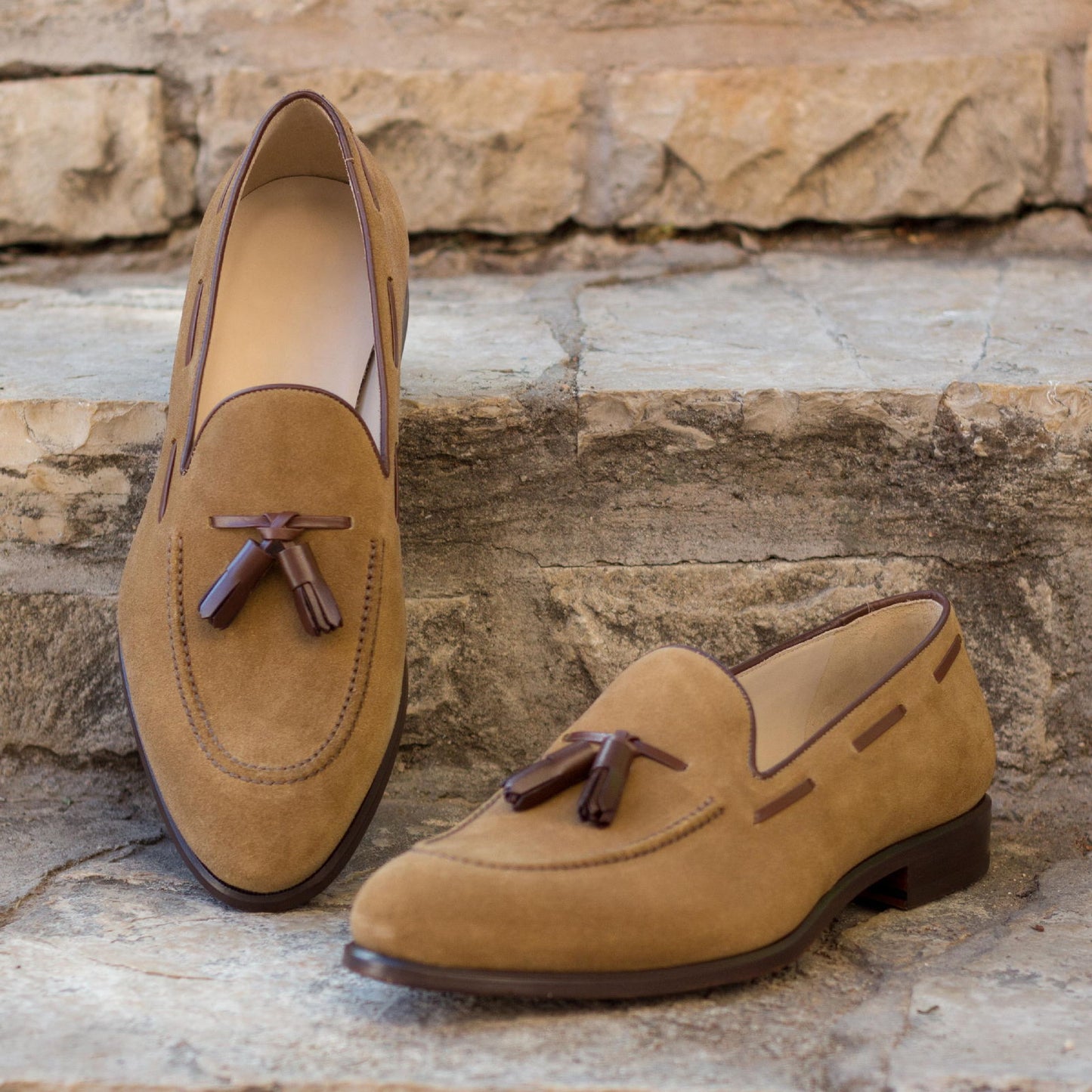 Medium Brown Calf Lux Suede Tassle Loafer with Leather Accents